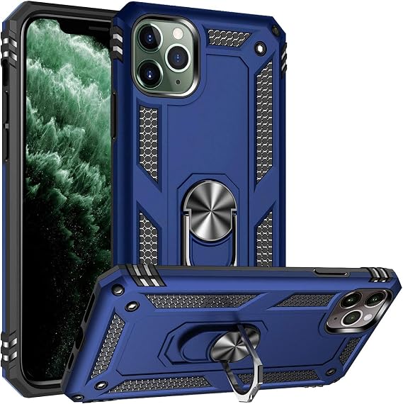 Fetrim Case Compatible with iPhone 11 Pro Double Layer Shockproof Protective Case with Rotating Ring Stand for Apple iPhone 11 Pro Navy Blue