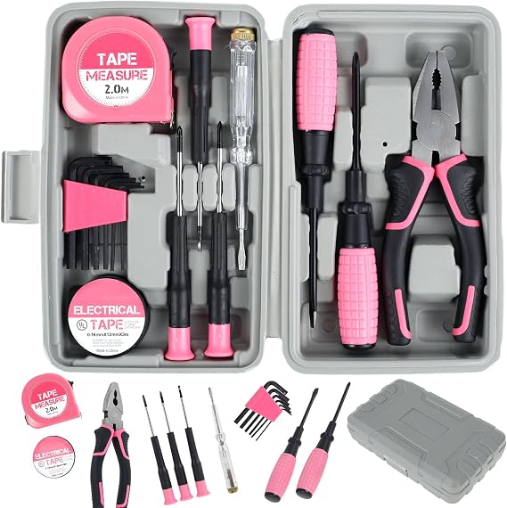 15pcs Home DIY Hand Tools Kit, Small Mini Tool Box Starter Set Basic Women Tools, Mini Portable Tool Box Set, Tool Set Pink for Home & Office Pink