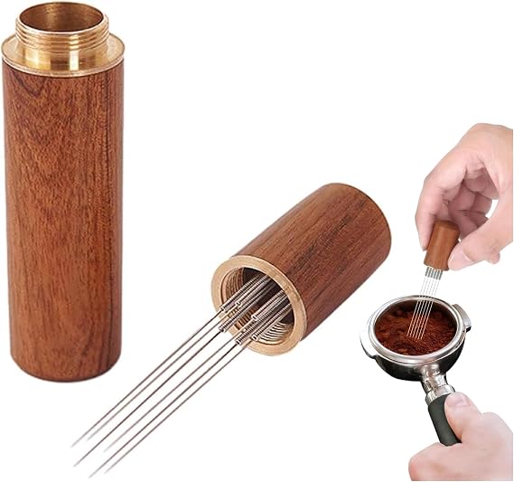 Espresso Coffee Distributor with 6 Stainless Steel Needles – Walnut Handle & Aluminium Alloy Stand – Replaceable Needle Stirrer – Barista Coffee Accessory