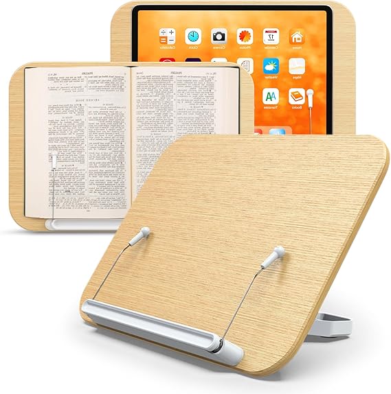 Adjustable Book Stand for Reading,360Rotating Base Book Holder for Reading Hands Free,Cookbook Stand,Wooden Panel Aluminium Base Stand for Cookbook,Laptop,Textbook