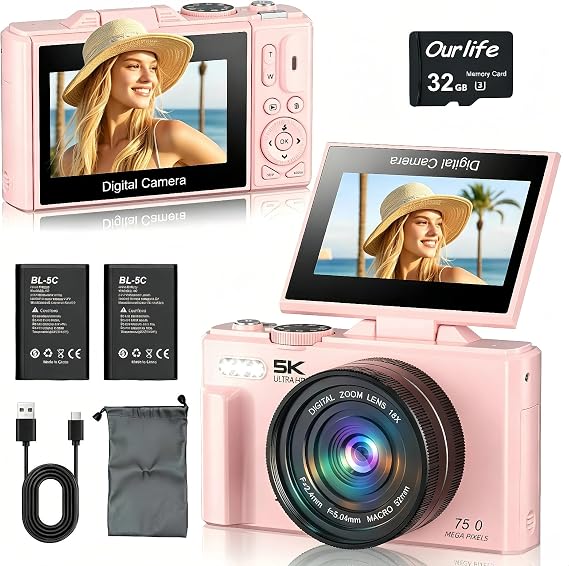 Ourlife 5K Digital Camera for Photography with Flip Screen,Pink Camera | 75MP Autofocus Vlogging Camera for YouTube with Selfie Screen, Compact Travel Camera for Beginner Teens,2 Batterie(32GB Card)