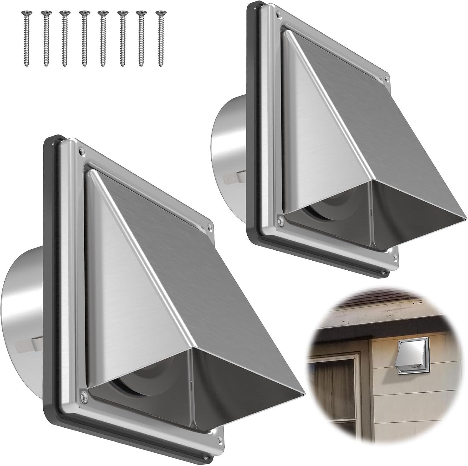 ForoGore 2 Pack 6 Metal Dryer Vent Cover Outdoor Wall with Rubber Cushioned Non Return Flap, 6 Inch External Extractor Wall Vent, Stainless Steel Outside Dryer Vent Covers for House