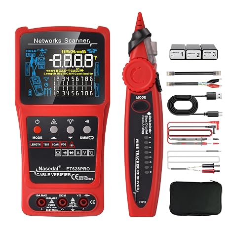 Network Cable Tester Wire Tracker Tone Generator Ethernet Tester Multimeter VFL 3-in-1 RJ45 CAT5 CAT6 CAT7 CAT8 RJ11 Tone BNC Tester PoE Test Cable