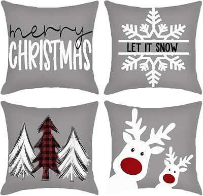 Sunboom Christmas Pillow Covers 18x18 Set of 4, Holiday Winter Throw Pillow Covers, Snowflake Merry Christmas Tree Reindeer Linen Pillow Cases, Xmas Decor Home Christmas Farmhouse Decoration Gray