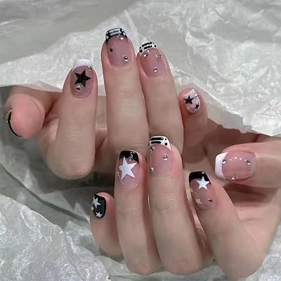 French Tip Press on Nails Short Square Fake Nails Black White Star Rhinestones False Nail Design Glossy Full Cover Artificial for Women Charm Manicure Reusable Stick on Nail