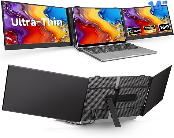 BOSII Laptop Screen Extender Monitor - Triple 14" Ultra Thin IPS FHD 1080P Portable Monitors for 13.3"-17" Laptops Compatible with Windows Mac Travel Work