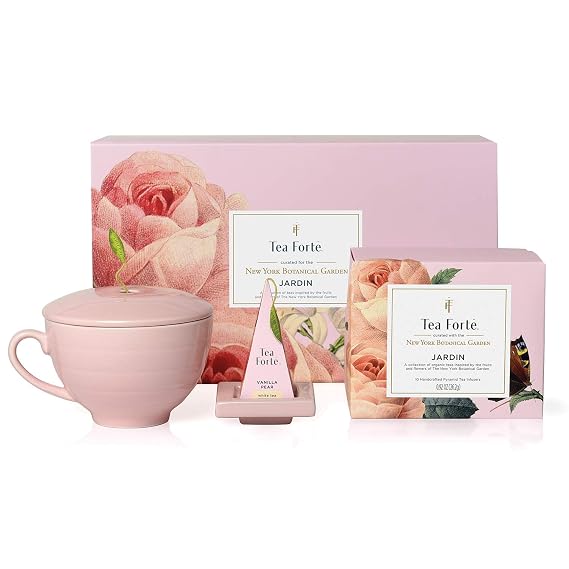 Tea Forte Cafe Cup Tea Gift Set, Jardin, 10 Pyramid Infusers | 8 oz Porcelain Tea Cup, Lid & Tea Tray - 2 of Each Blend - Individually Wrapped - Giftable Presentation Box