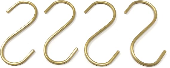 Brass S Hooks Made from Heavy Duty Solid Brass for Hanging Kitchen Pots & Pans, Bird Feeders, Plants