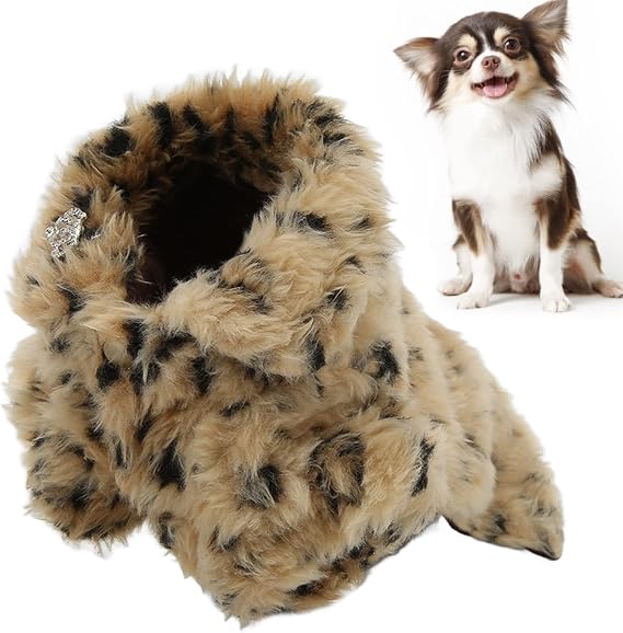 Leopard Print Sweater Dog Coat Pet Leopard Print Cloak Cute Retro Stylish Puppy Plush Jacket for Autumn and Winter (S)