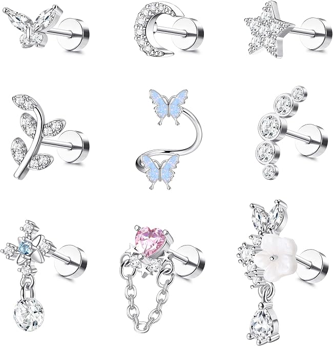 LOLIAS 16 Gauge Flat Back Cartilage Earrings for Women Hypoallergenic Stud | 9Pcs Stainless Steel Earrings for Sensitive Ears Leaf Butterfly CZ Flatback Earring Set Helix Tragus Piercing Jewelry