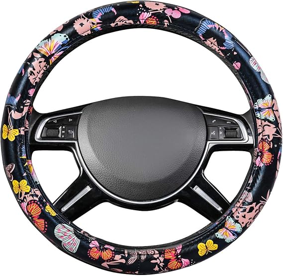Outlet Pretty Colorful Butterfly Steering Wheel Cover, Universal 14.5-15 Inch Anti-Slip Leather Car Wheel Protector for Women and Girls, Fit Trucks, Suvs,Vans, Sedans (Black and Colorful)
