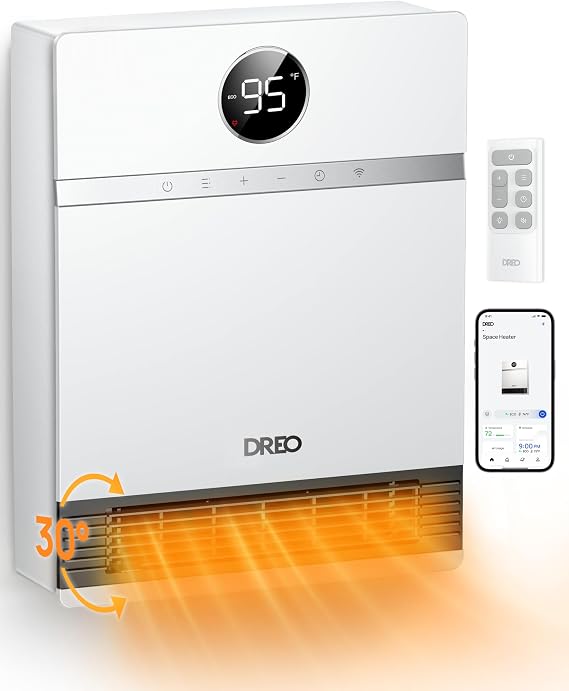 DREO Smart Wall Heater, IP24 Easy-mounted PTC Space Heater for Indoor Use, 30 Oscillation, Adjustable Thermostat, Remote Control, Works with Alexa, 24H Timer, Electric Heater for Bedroom, Office