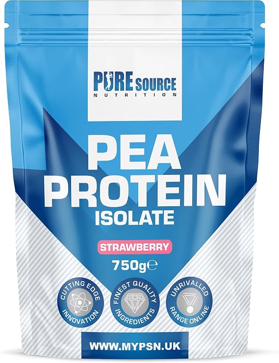 Pure Source Nutrition 100% Vegan Pea Protein Isolate 1000g 1kg Strawberry Vegetarian Protein Powder Shake for Superfood Supergreens Dairy Free Shakes by PSN (750g, Strawberry)