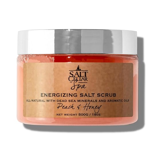 Salt Cellar Spa Energizing Peach & Honey Salt Scrub - Sweet Serenity with Dead Sea Minerals - Revive, Refresh, and Rejuvenate your Skin - Made in Israel, Cruelty-Free, 18 oz.