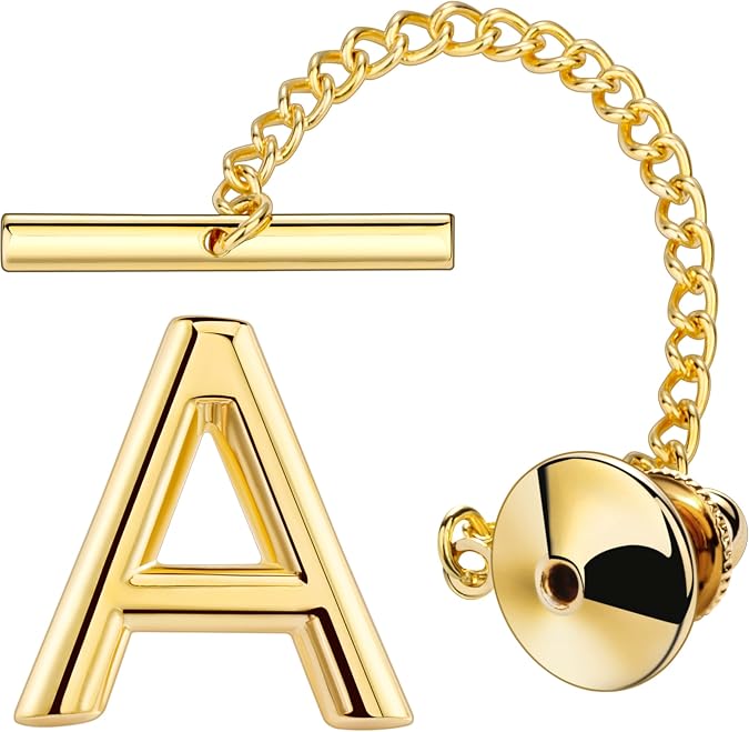 AMITER Men Tie Tack Initial Gold/Silver Tie Pin with Chain Clips for Necktie, Bow Tie & Hat