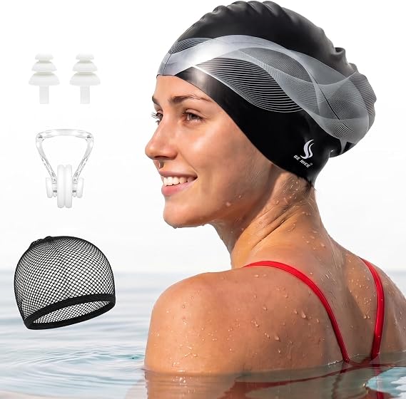 BENICE Silicone Swim Cap for Long Hair - X-Large Waterproof Swim Hat for Men Women Adults, Dreadlocks, Braids, Curls & Afros, Black