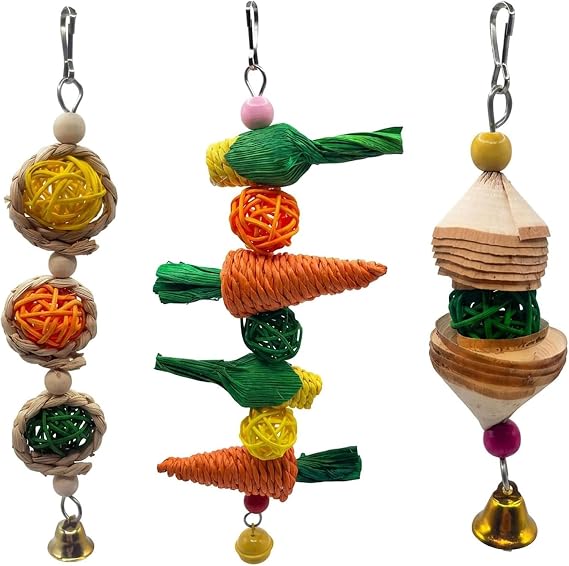 3-Piece Rabbit Toys Set, Wood and Corn Husk Skewers for Rabbit Enrichment, Small Pet Chew Toys for Daily Play & Mental Engagement, Space‑Saving Cage Accessories for Multiple Small Animals