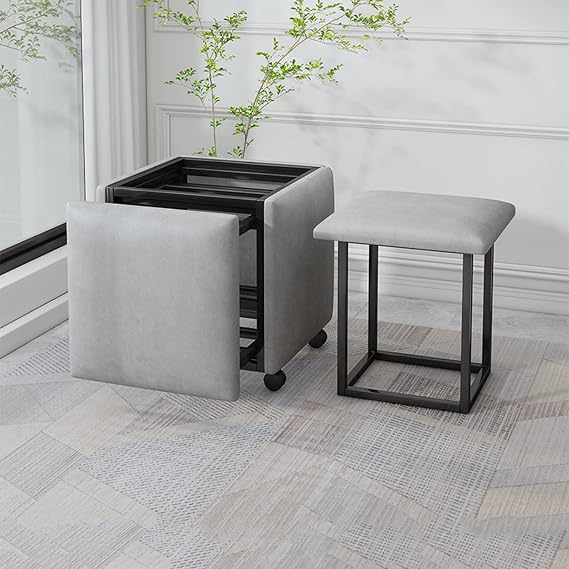 5 in 1 PU Leather Seating Nesting Ottoman Cube with Swivel Casters Stackable Sofa Chair Stool Movable Footstool Dressing Chair for Living Room Bedroom Colorful (Size : Light Gray A)