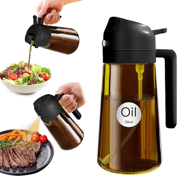 YARRAMATE 16oz/470ml Light-Blocking Dark Oil Sprayer for Cooking, 2-in-1 Olive Dispenser Bottle, Premium Amber Glass, Food-Grade Mister for Air Fryer, BBQ, Kitchen Use (Black)