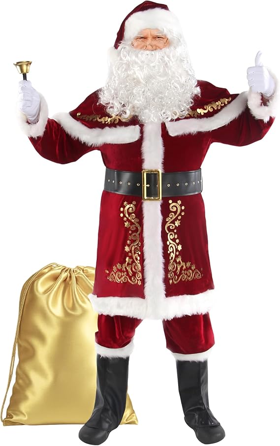 Christmas Santa Clause Costume For Men 12pcs Set Deluxe Velvet Adult Santa Suit