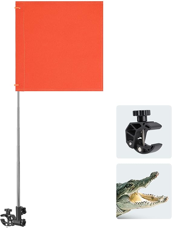 KEMIMOTO Orange Boat Flag with Alligator Mount, 360 Adjustable Water Ski Flag Boat, 13.1'' x 12.7'' Skier Down Flag with 48'' Telescopic Boat Flag Pole, for Swimmers Surfers Bikers Scooter Riders