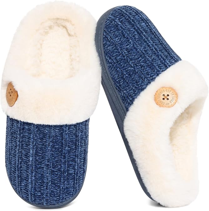 Evshine Women's Chenille Knit Fuzzy Slippers Memory Foam Warm House Shoes