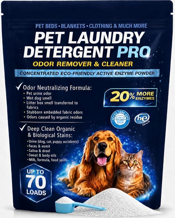 Pet Laundry Detergent Pro Enzyme Odor Remover, Deep Clean Stubborn Stains | Urine (Dog, Cat, Puppy Accidents), Feces, Vomit, Saliva, Drool, Sweat, Body Oil, Food Spills, HE Support, 70 Loads, Unscented