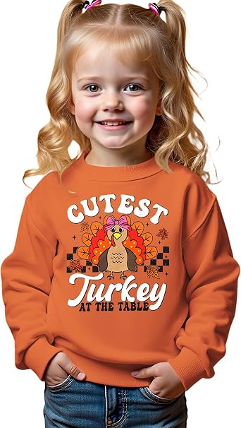 BOUTIKOME Thanksgiving Sweatshirts Toddler Baby Girl Cutest Turkey At The Table Shirts Outfits Fall Pullover Thankful Tops