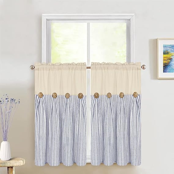 ASPMIZ Cotton Linen Farmhouse Kitchen Curtains, Boho Rustic Button Tier Curtains 36 Inch Lenth, Blue Stripe Short Rod Pocket Curtain for Small Window, Half Window Curtain for Kitchen, 2 Panels