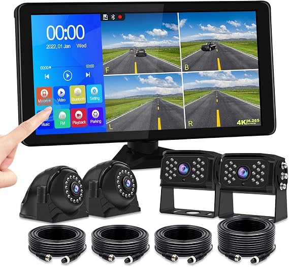 Vekooto RV Camera System, 4K Backup Camera with 10.36'' Touch Screen, Waterproof 4 AHD Rear Side View Camera, for Truck/Semi-Trailer/Camper/RV/Bus, 32GB Micro SD CardT9