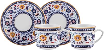 KARACA Turkish Coffee Espresso Mocha Cappuccino Cups Made of Porcelain Cup set for 2 person Traditional Turkish Pattern Dishwasher Safe- 4 pieces 80ml
