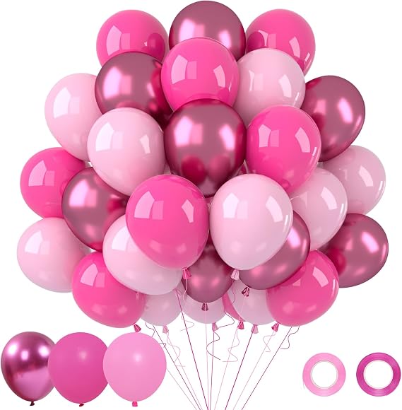 Patimate Pink Balloons Set 50 pcs 12 inch Metallic Hot Pink Latex Balloons | Pastel Pink Balloon Kit for Girls Women Birthday Baby Shower Bachelorette Wedding Bridal Shower Princess Party Decorations