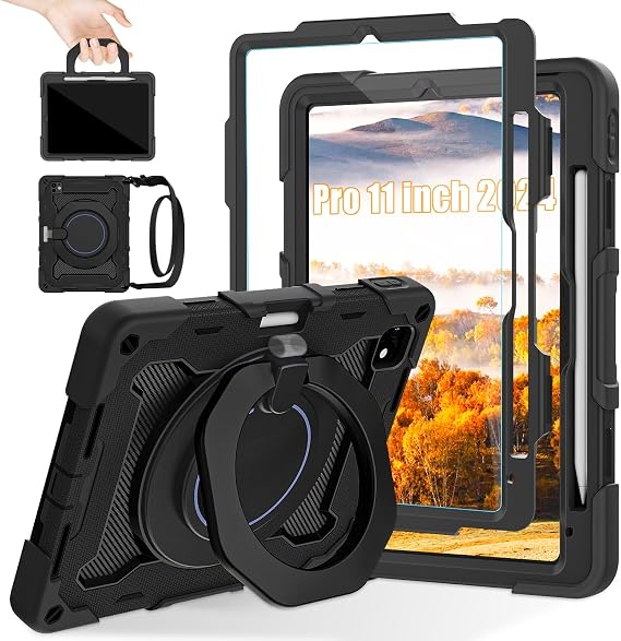 for iPad Pro 11 inch Case (M5/M4 (2025/2024)), Pro 11'' 6th/5th Gen -with HD Screen Protector, 360 Kickstand/Handle, Shoulder Strap, Pen Holder, Heavy Duty Military Grade - Kids Friendly