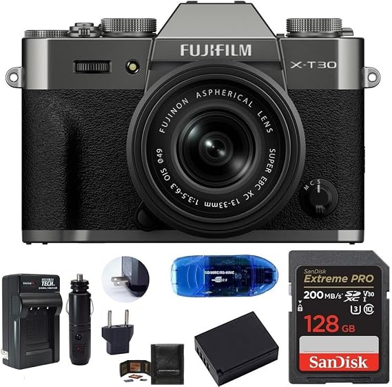 FUJIFILM X-T30 III Mirrorless Camera with XC 13-33mm Lens Bundle, Includes: SanDisk 128GB Extreme PRO Memory Card, Spare Battery and More (6 Items) (Charcoal Silver)