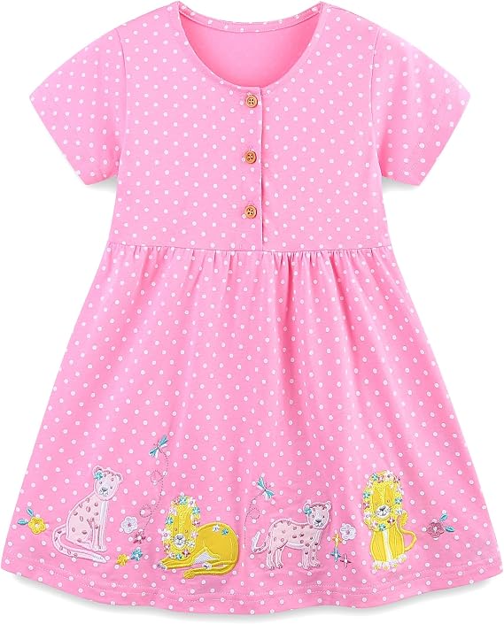 Hongshilian Toddler Girl Cotton Summer Dress Cartoon Appliques Short Sleeve Casual Clothing