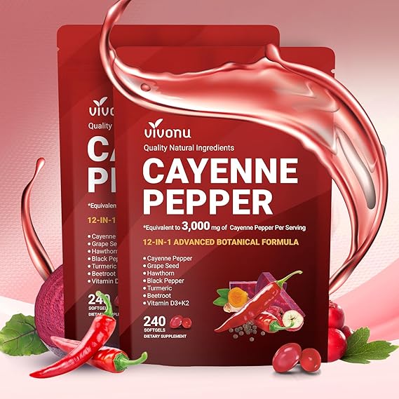 VivoNu 12-in-1 Cayenne Pepper Softgels Supplement, 480 Capsules (2 Bags)