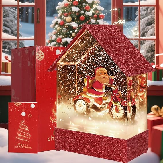 VITAKEO-Musical Snow Globe House with 8 Christmas Songs - Motorcycle, Christmas Snow Globes House Holiday Festival Christmas Decoration,USB or Battery Powered.(7.8x5.12.7")