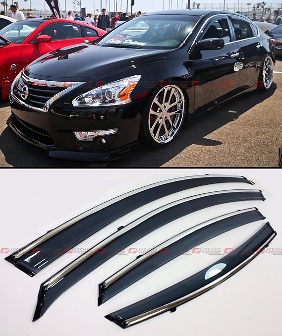 Premium Smoke Tinted Window Visor Rain Guard Deflector W/Clips & Chrome Trim Compatible with for 2013-2015 Nissan Altima 4 Door Sedan