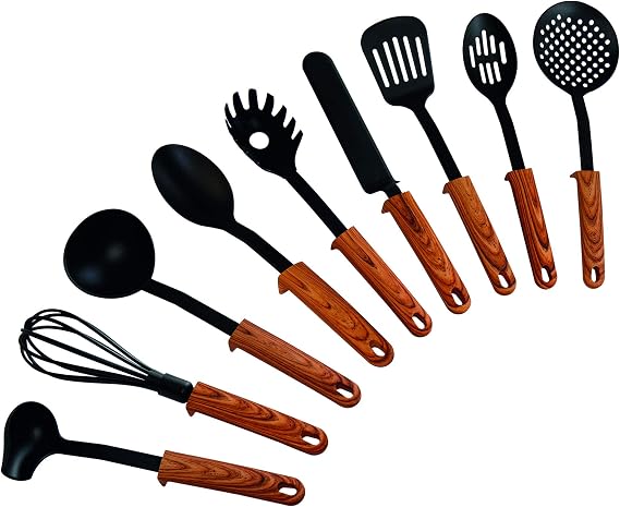 Stoneline ‘Back to Nature’ 9-Piece Kitchen Utensil Set Wooden Effect Handles Plastic with Practical Support Suitable for Non-Stick Cookware Kitchen Utensils Set