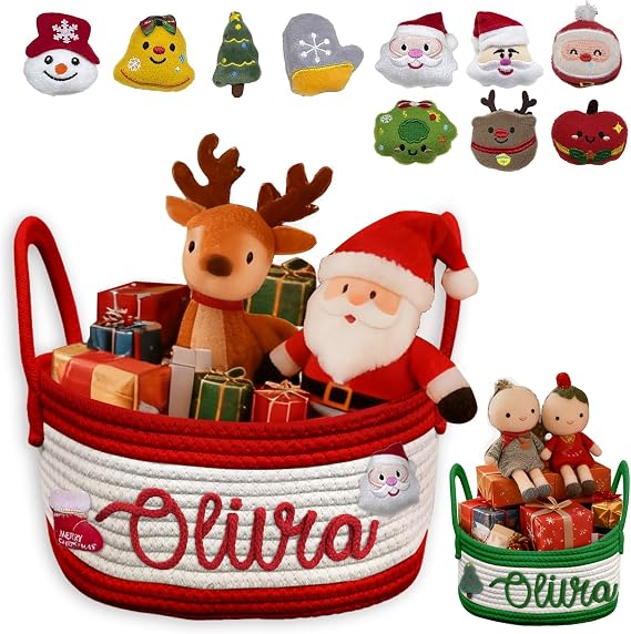 Personalized Christmas Knit Basket with Name Custom Baby Shower Basket Cotton Rope Newborn Baby Gift Baskets Festive Storage Organizer Caddy Toy Storage Boxes