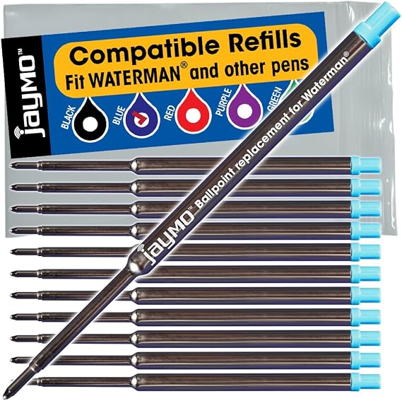 Jaymo Replacement for Waterman 834264 - Measures 4.4 in / 112 mm Long - Ballpoint Pen Refill - 12 Blue