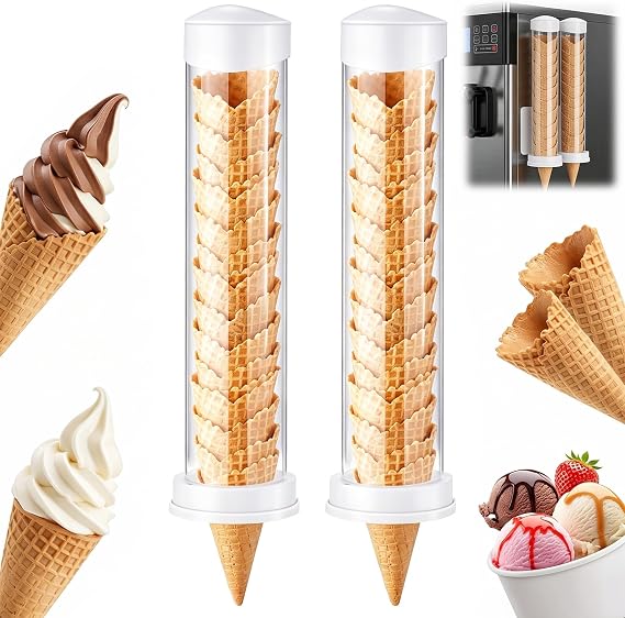 Tioncy 2 Pcs Ice Cream Cone Dispenser Waffle Cones Holder 16'' L x 3'' Dia with 2 Gaskets for Ice Cream Wall Mount
