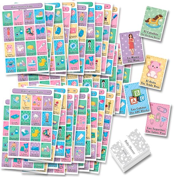 Baby Shower Loteria Fiesta Mexican Game - Bilingual English Spanish, for up to 40 Players
