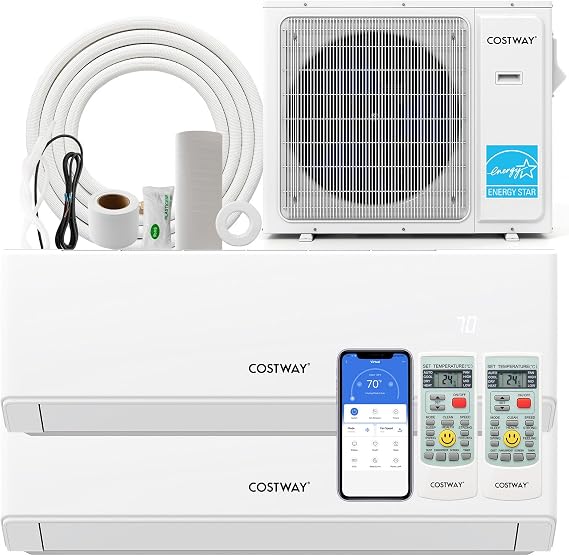 COSTWAY 30k Dual 2 Zone Mini Split Air Conditioner, 23 SEER2 18000 BTU+ 24000 BTU, 208-230V, Wifi Enabled Multi Zones Mini Split AC Heat Pump Full Set, Ductless Energy Star