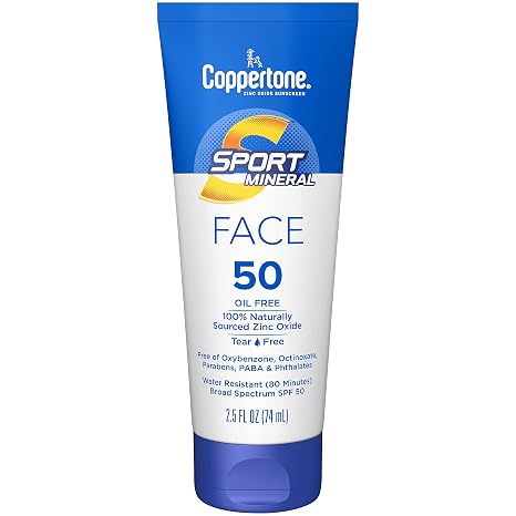 Coppertone Sport Sun Protection for Face Zinc Oxide Mineral Sun Protection SPF 50 Oil-Free Travel Size 2.5 Fl Oz Tube