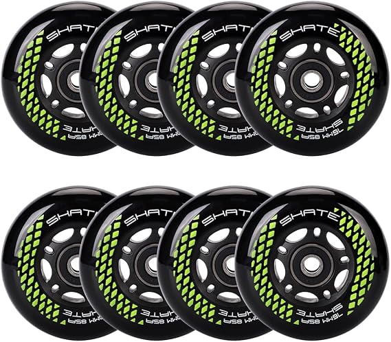 8 Pack Inline Skate Wheels 72mm, 76mm, 80mm - ABEC9 Bearing - 85A Durometer PU - Compatible with Rollerblade, Roller Derby, K2 Skate (Black/76MM)