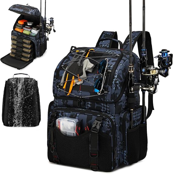 RUCYEN Fishing Backpack, 45L Large Cooler Fishing Tackle bag with Rod Holders & Rain Cover, Water-resistant Store Fishing Gear