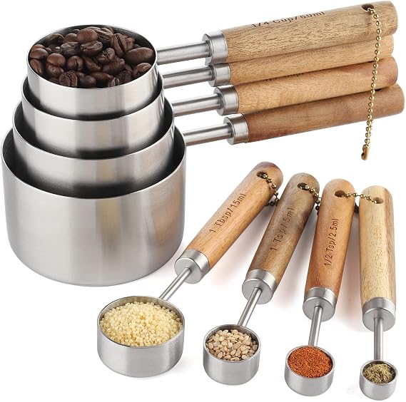 Measuring Cups and Spoons Set Stainless Steel Measuring Cups and Spoons | with Wood Handle for Dry and Liquid Ingredients