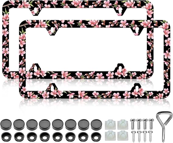 LIN KANG 2PCS Pink Watercolor Cherry Blossom License Plate Frames Beautiful Floral Flowers Plate Holder Stainless Steel Rust-Proof Waterproof Car Decorative Tag Frames for Standard US 12x6 Inch