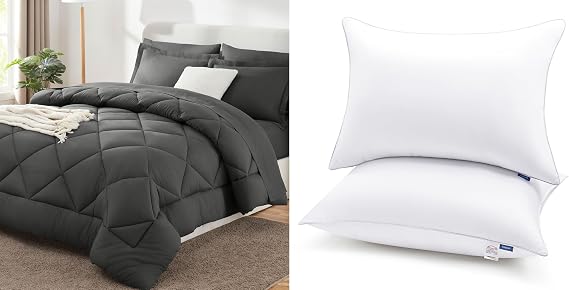 CozyLux King Bed in a Bag 7-Pieces Comforter Sets with Comforter and Sheets Dark Grey All Season Bedding Sets, Pillows King Size Set of 2, Hotel Quality Bed Pillows for Sleeping 2 Pack
